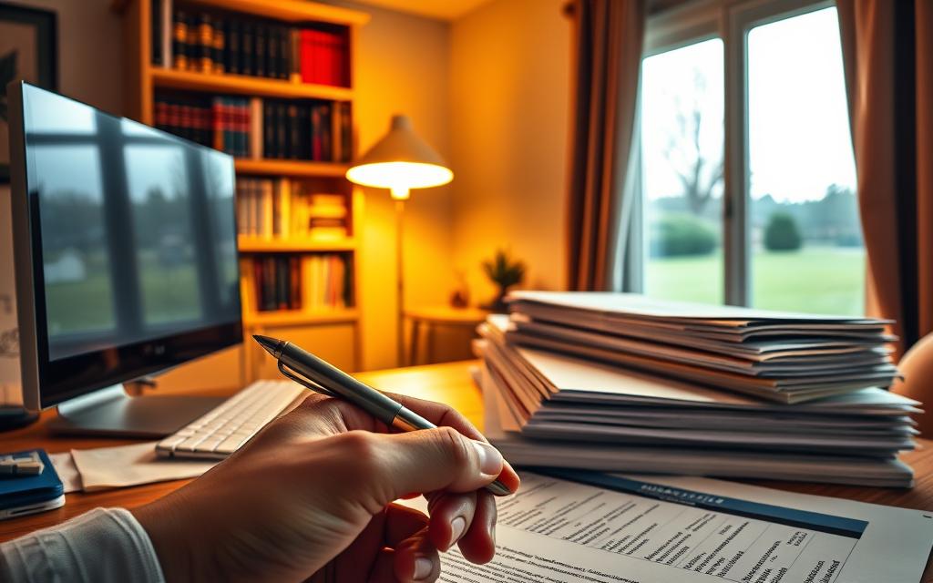 A Cozy, Well-Lit Home Office With A Desktop Computer, Legal Documents, And A Stack Of Folders Representing Financial Strategies. Warm Lighting Illuminates The Scene, Creating A Sense Of Focus And Determination. In The Foreground, A Hand Holds A Pen, Poised To Jot Down Notes. The Background Features A Bookshelf Filled With Legal And Financial Reference Materials, Evoking An Atmosphere Of Expertise And Preparation. A Window Provides A Glimpse Of A Serene, Suburban Landscape, Hinting At The Importance Of Protecting One'S Home During Challenging Times.