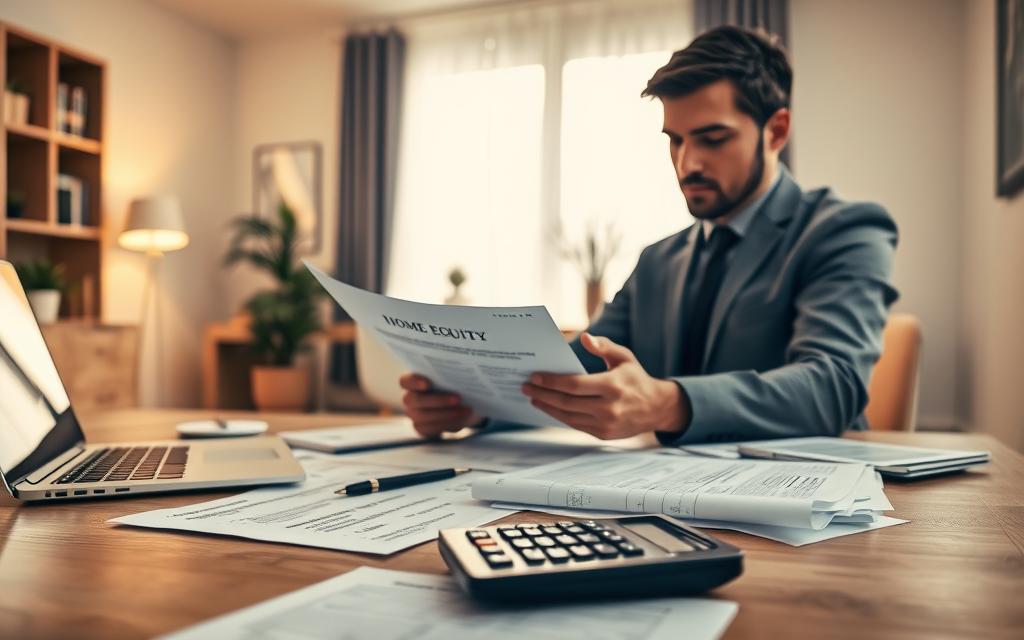 A Detailed Desktop Scene With A Person Carefully Reviewing Financial Documents Related To Home Equity Exemptions. The Foreground Shows A Desk With A Laptop, Calculator, And Various Paperwork Spread Out. The Middle Ground Features The Person, Dressed In Professional Attire, Intently Studying The Documents. The Background Showcases A Well-Lit, Modern Home Office With Minimalist Decor, Warm Lighting, And A Large Window Providing Natural Illumination. The Overall Mood Is One Of Focus And Diligence, Reflecting The Importance Of The Task At Hand.