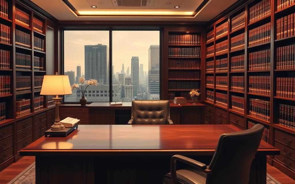 A Law Office Interior With A Professional, Authoritative Atmosphere. A Large, Mahogany Desk Dominates The Foreground, Accompanied By An Ergonomic Leather Chair. In The Middle Ground, Floor-To-Ceiling Bookshelves Line The Walls, Filled With Legal Tomes. Soft, Indirect Lighting Casts A Warm Glow, Creating An Air Of Expertise And Competence. In The Background, A Large Window Overlooks A Bustling City Skyline, Symbolizing The Lawyer'S Broad Knowledge And Command Of The Law. The Overall Scene Conveys A Sense Of Trust, Reliability, And The Specialized Skills Of A Seasoned Defamation Attorney. A Law Office Interior With A Professional, Authoritative Atmosphere. A Large, Mahogany Desk Dominates The Foreground, Accompanied By An Ergonomic Leather Chair. In The Middle Ground, Floor-To-Ceiling Bookshelves Line The Walls, Filled With Legal Tomes. Soft, Indirect Lighting Casts A Warm Glow, Creating An Air Of Expertise And Competence. In The Background, A Large Window Overlooks A Bustling City Skyline, Symbolizing The Lawyer'S Broad Knowledge And Command Of The Law. The Overall Scene Conveys A Sense Of Trust, Reliability, And The Specialized Skills Of A Seasoned Defamation Attorney.