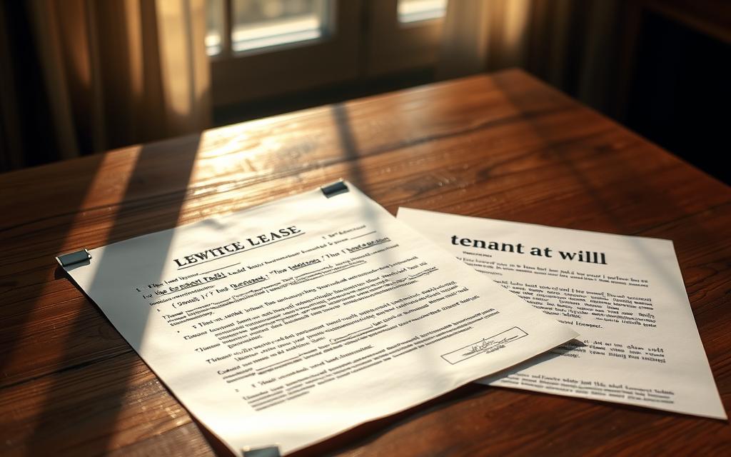 A Legal Document Styled As A Handwritten Lease Resting On A Wooden Table, With A Typewritten &Quot;Tenant At Will&Quot; Agreement Next To It. The Lease Is Illuminated By Warm, Natural Light Filtering Through A Window, While The Tenant At Will Document Is Backlit, Creating A Contrast Between The Two. The Overall Mood Conveys The Formality And Permanence Of A Written Lease Versus The More Precarious Nature Of A Tenant At Will Arrangement. The Scene Is Framed To Emphasize The Juxtaposition Between The Two Documents, Hinting At The Complexities Of Eviction Procedures For Each.