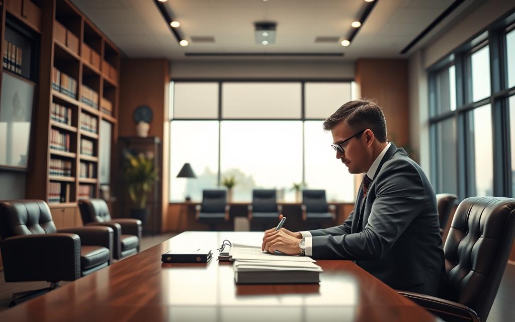 A Modern, Minimalist Law Office Interior With A Large Desk, Leather Chairs, And Bookshelves In The Background. In The Foreground, A Lawyer Sits At The Desk, Intently Reviewing Documents And Contemplating Legal Strategies. Natural Light Streams In Through Large Windows, Creating A Warm, Professional Atmosphere. The Mood Is One Of Focused Deliberation, With The Lawyer'S Body Language Conveying A Sense Of Confidence And Expertise. The Scene Captures The Essence Of Effective Legal Representation, Projecting An Image Of Competence And Diligence. A Modern, Minimalist Law Office Interior With A Large Desk, Leather Chairs, And Bookshelves In The Background. In The Foreground, A Lawyer Sits At The Desk, Intently Reviewing Documents And Contemplating Legal Strategies. Natural Light Streams In Through Large Windows, Creating A Warm, Professional Atmosphere. The Mood Is One Of Focused Deliberation, With The Lawyer'S Body Language Conveying A Sense Of Confidence And Expertise. The Scene Captures The Essence Of Effective Legal Representation, Projecting An Image Of Competence And Diligence.