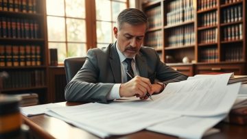A Professional Real Estate Attorney Sits At A Cluttered Desk, Brow Furrowed In Concentration As They Review Legal Documents. The Room Is Bathed In Warm, Natural Light From A Large Window, Casting A Soft Glow On The Attorney'S Face. In The Background, Bookshelves Line The Walls, Filled With Thick Law Volumes. The Attorney'S Hands Rest On The Desk, A Pen Poised Over The Papers, Conveying A Sense Of Expertise And Authority. The Overall Mood Is One Of Focused Professionalism, As The Attorney Contemplates The Intricacies Of Property Title Changes.