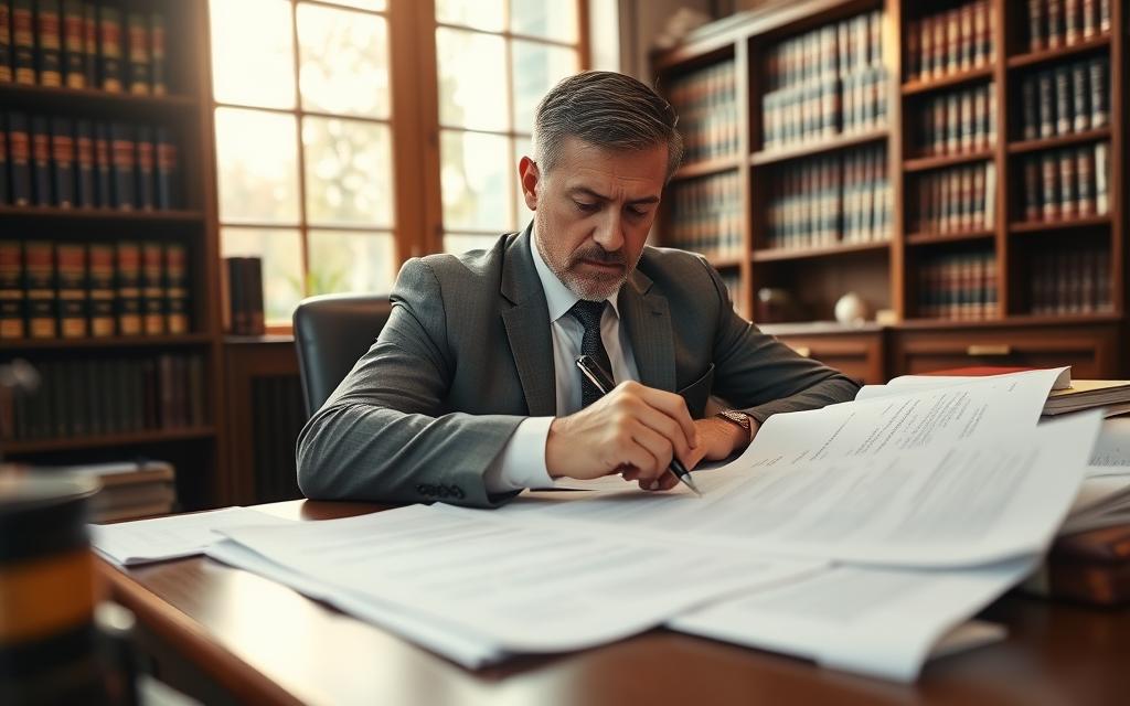 Estate Planning For Business Owners: Smart Strategies ✅ 1 A Professional Real Estate Attorney Sits At A Cluttered Desk, Brow Furrowed In Concentration As They Review Legal Documents. The Room Is Bathed In Warm, Natural Light From A Large Window, Casting A Soft Glow On The Attorney'S Face. In The Background, Bookshelves Line The Walls, Filled With Thick Law Volumes. The Attorney'S Hands Rest On The Desk, A Pen Poised Over The Papers, Conveying A Sense Of Expertise And Authority. The Overall Mood Is One Of Focused Professionalism, As The Attorney Contemplates The Intricacies Of Property Title Changes.
