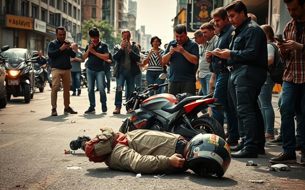 A Bustling Urban Street After A Motorcycle Accident. In The Foreground, An Injured Rider Lies On The Ground Surrounded By Concerned Onlookers. Emergency Responders Urgently Administer First Aid, Their Faces Etched With Concentration. The Middle Ground Captures Bystanders Dialing 911, While Others Carefully Document The Scene With Their Phones. In The Background, The Damaged Motorcycle Rests Amidst Scattered Debris, Its Rider'S Helmet Lying Nearby. Dramatic, High-Contrast Lighting Casts Deep Shadows, Heightening The Sense Of Urgency. A Wide, Cinematic Angle Captures The Full Scope Of The Post-Crash Chaos, Conveying The Importance Of Immediate, Decisive Action In The Aftermath Of A Motorcycle Accident. A Bustling Urban Street After A Motorcycle Accident. In The Foreground, An Injured Rider Lies On The Ground Surrounded By Concerned Onlookers. Emergency Responders Urgently Administer First Aid, Their Faces Etched With Concentration. The Middle Ground Captures Bystanders Dialing 911, While Others Carefully Document The Scene With Their Phones. In The Background, The Damaged Motorcycle Rests Amidst Scattered Debris, Its Rider'S Helmet Lying Nearby. Dramatic, High-Contrast Lighting Casts Deep Shadows, Heightening The Sense Of Urgency. A Wide, Cinematic Angle Captures The Full Scope Of The Post-Crash Chaos, Conveying The Importance Of Immediate, Decisive Action In The Aftermath Of A Motorcycle Accident.