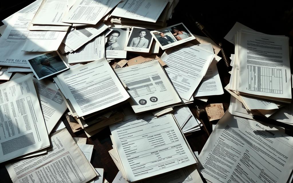 A Cluttered Table, Partially In Shadow, Holds An Array Of Legal Documents, Correspondence, And Photographic Evidence Related To An Asbestos Exposure Case. The Papers Are Strewn Haphazardly, Conveying The Weight And Complexity Of The Legal Battle. Bright Light Illuminates A Few Key Documents, Drawing The Viewer'S Attention To The Critical Details - Medical Records, Receipts, And Inspection Reports That Could Make Or Break The Case. The Overall Mood Is Serious And Somber, Reflecting The High Stakes And Personal Toll Of Asbestos-Related Illnesses. The Angle And Lens Simulate The Perspective Of A Lawyer Or Legal Investigator, Capturing The Evidence With An Air Of Professionalism And Determination.