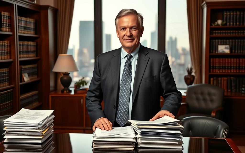 A Middle-Aged, Well-Dressed Professional Standing Confidently In A Law Office, With A Stack Of Files And Documents On The Desk In Front Of Them. Warm, Directional Lighting Illuminates Their Face, Conveying An Air Of Expertise And Trustworthiness. The Background Features Bookshelves, Tasteful Décor, And A Large Window Overlooking The City Skyline, Suggesting A Successful, Established Legal Practice. The Subject'S Body Language And Expression Communicate A Sense Of Dedication To Their Clients And The Important Work Of Pursuing Justice In Asbestos-Related Cases.