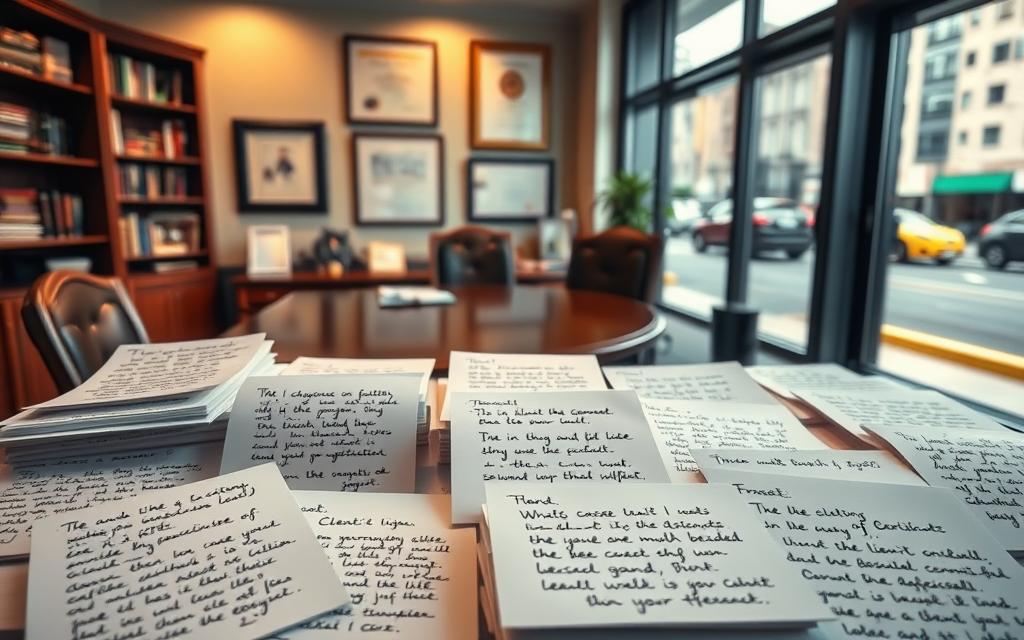 A Warm-Lit Office Interior With A Wooden Desk And Chairs, Showcasing Client Testimonials About Successful Asbestos-Related Cases. The Foreground Features A Neatly Organized Collection Of Handwritten Testimonial Cards And Letters, Their Content Highlighted By A Soft, Directional Light. In The Middle Ground, Bookshelves And Framed Legal Certificates Lend An Air Of Professionalism And Expertise. The Background Depicts A Large Window Overlooking A Bustling City Street, Creating A Sense Of Connection Between The Legal Practice And The Community It Serves. The Overall Scene Exudes An Atmosphere Of Trust, Empathy, And A Dedication To Achieving Justice For Those Affected By Asbestos-Related Illnesses.