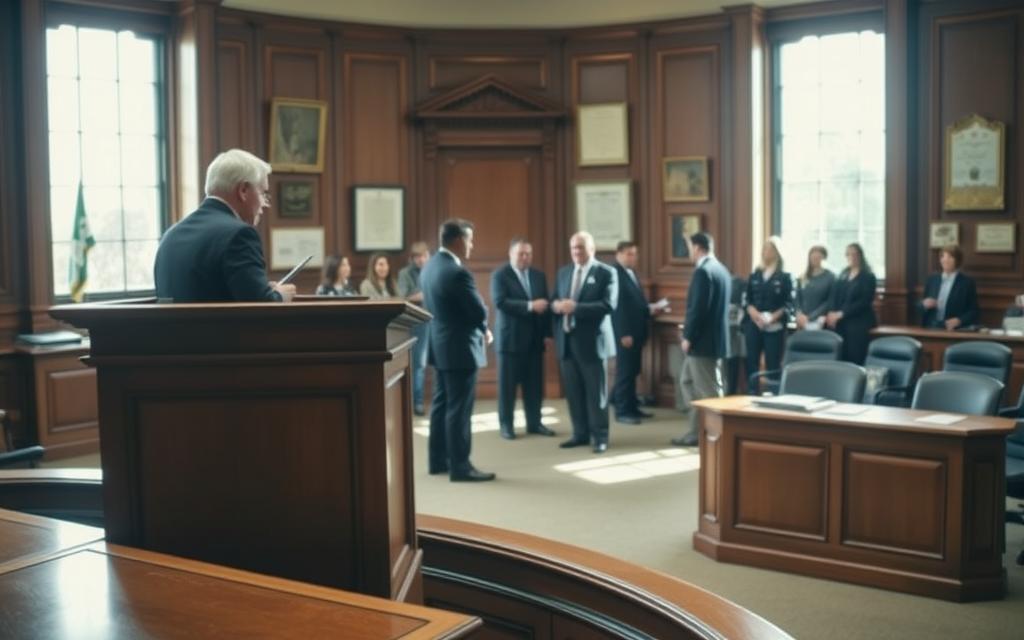 A Well-Lit Courtroom Scene With A Prominent Wooden Judge'S Podium And Desk In The Foreground. In The Middle Ground, A Group Of People In Formal Attire, Including A Plaintiff, Defendant, And Legal Representatives, Engaged In A Tense Discussion. The Background Features Tall Windows Letting In Natural Light, And Walls Adorned With Legal Documents And Certificates. The Overall Atmosphere Conveys The Gravity And Professionalism Of A Legal Proceeding Related To An Asbestos Case.
